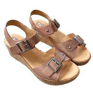 Korks by Kork-Ease | Cork Platform Wedge Leather Buckle Sandals | Tan | Size 6